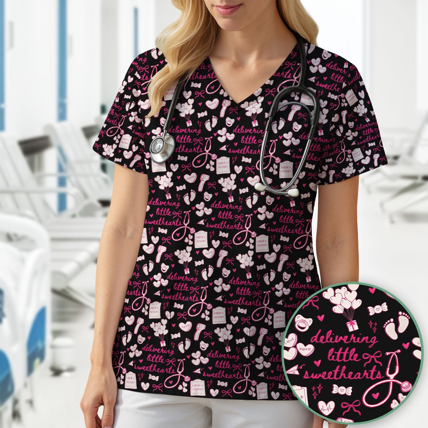 Valentine Labor And Delivery Scrub Top, XOXO Pattern Scrub Shirt, Breathable Fabrics Nursing Uniform For Women