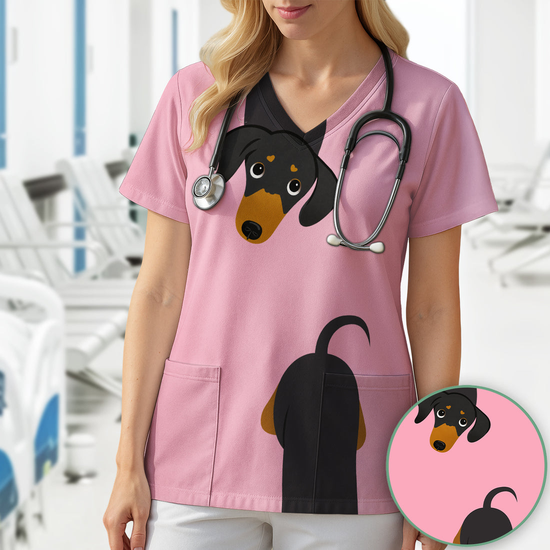 Cute Peekaboo Dachshund Dog Scrub Top, Comfortable Scrubs for Nurses
