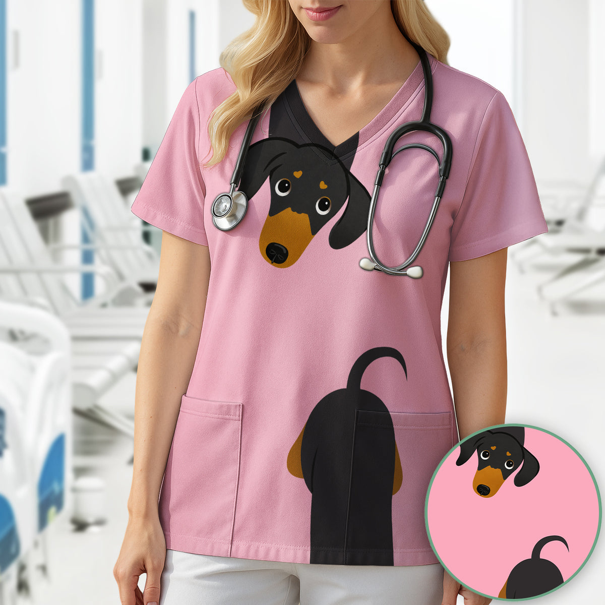 Cute Peekaboo Dachshund Dog Scrub Top, Comfortable Scrubs for Nurses