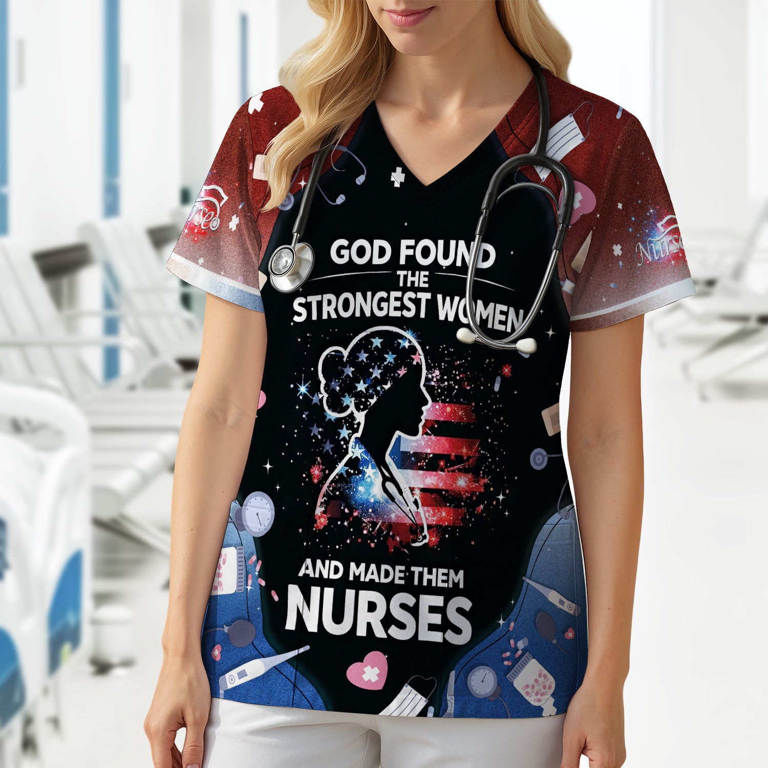 God Found the Strongest Women Nurse Scrub Top, Breathable Fabrics Nursing Uniform