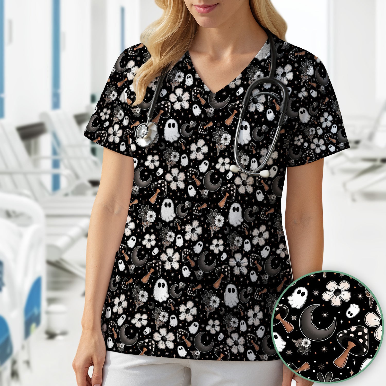 Floral Mushroom Ghost Pattern Scrub Top, Comfortable Scrubs for Nurses