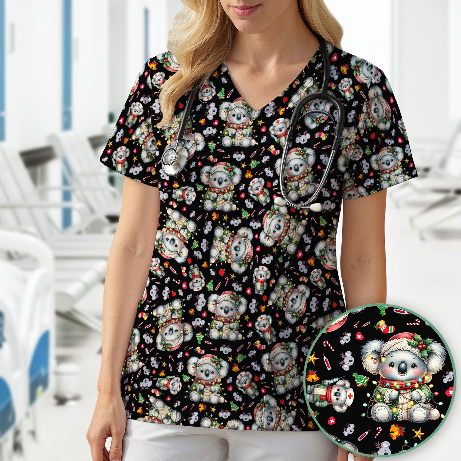 Christmas Koala Scrub Top - Cute Aussie Holiday Nurse Shirt for Women - Funny Animal Medical Uniform