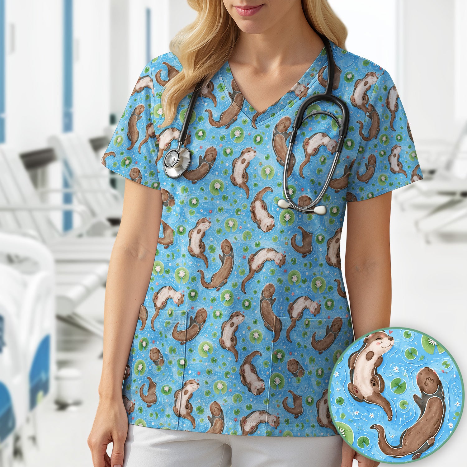 Cute Otter Lily Pond Nurse Print Scrub Top, Comfortable Scrubs for Nurses