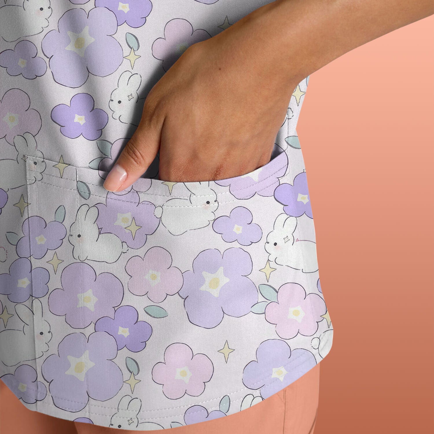 Cute Bunny Floral Pastel Pattern Scrub Top, Breathable Fabrics Nursing Uniform