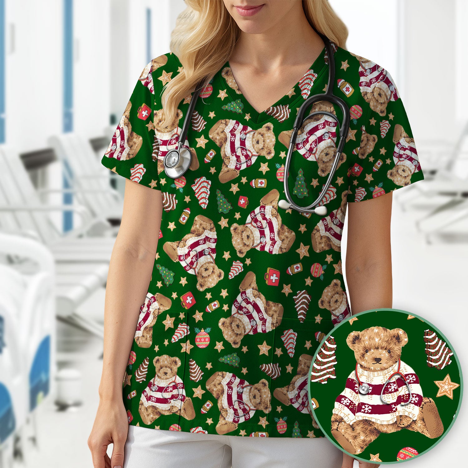 Teddy Bear Christmas Scrub Top - Cute Holiday Medical Pattern with Warm Sweater Bear - Gift for Nurses RN CNA LPN