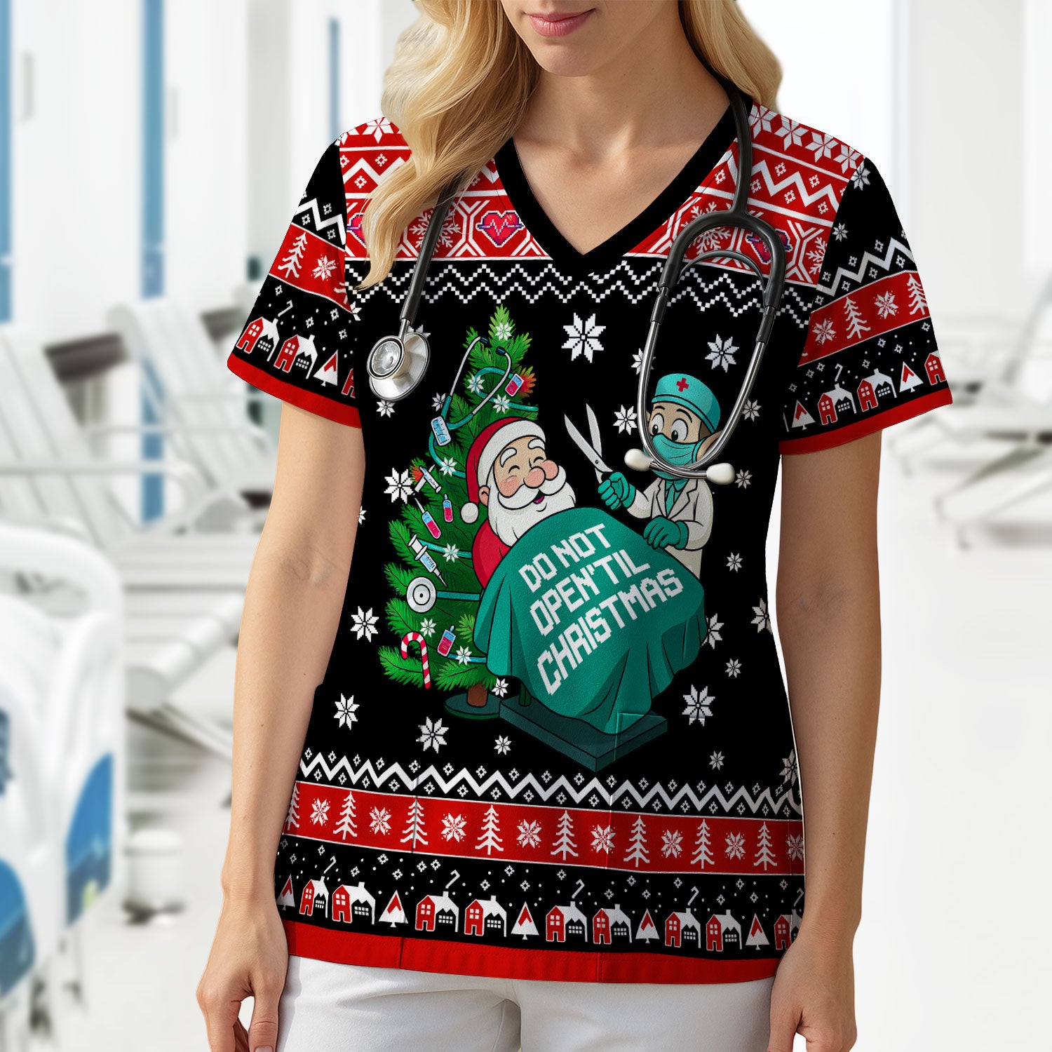 Funny Scrub Top for Women - Do Not Open Til Christmas Santa and Elf - Holiday Medical Uniform Gift for RN LPN CNA