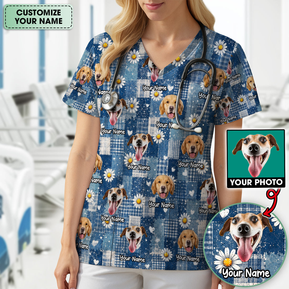 Personalized Cute Dog Portrait On Blue Patchwork Daisy Pattern Scrub Top, Comfortable Scrubs for Nurses