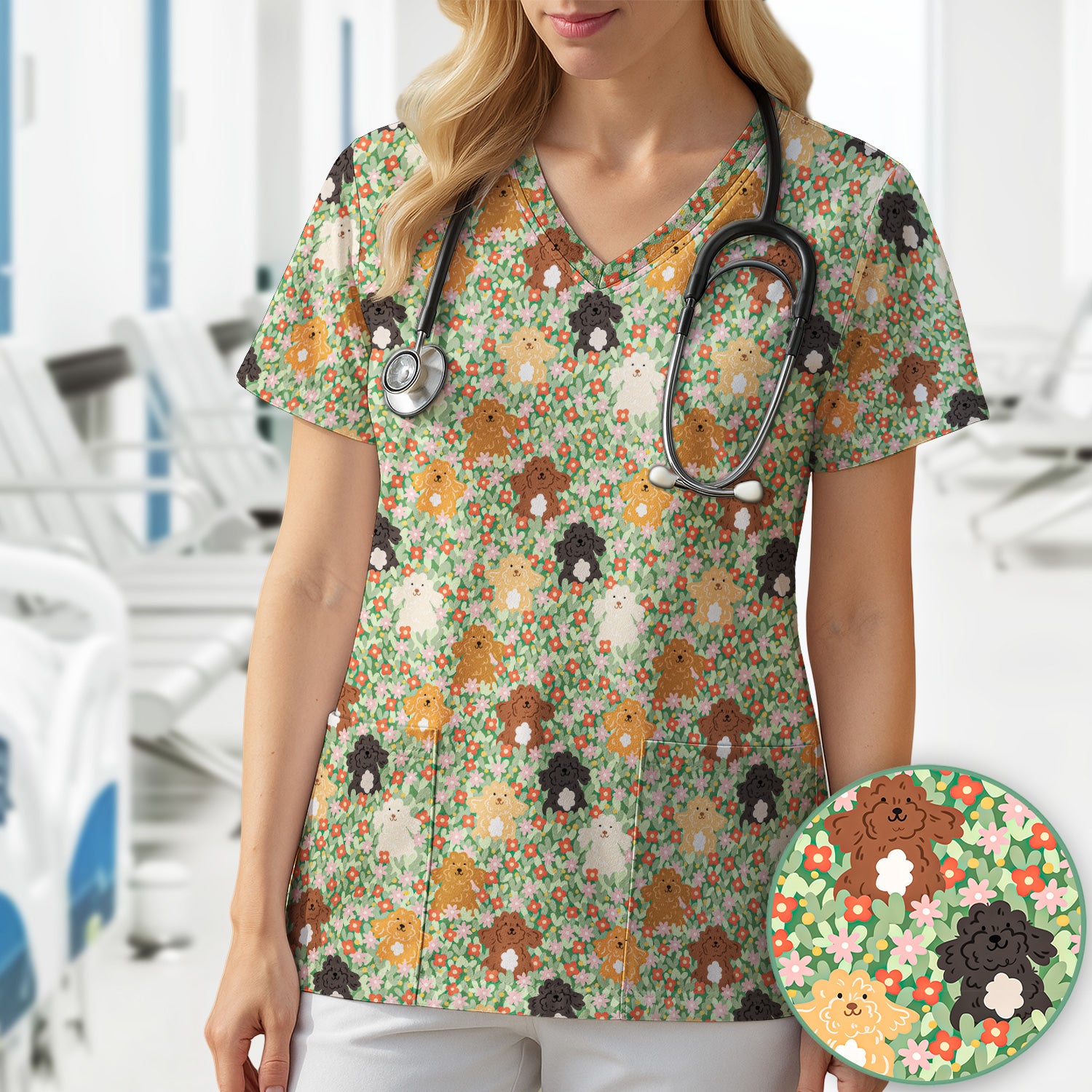 Cute Poodle Dogs Floral Pattern Scrubs Top, Breathable Fabrics Nursing Uniform