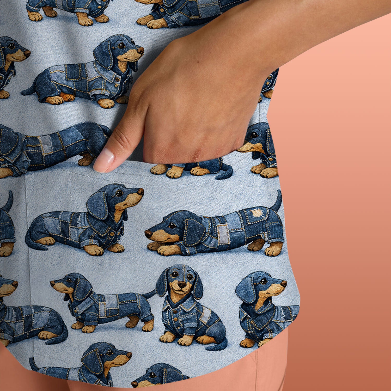 Denim Dachshund Dog Pattern Scrub Top, Breathable Fabrics Nursing Uniform