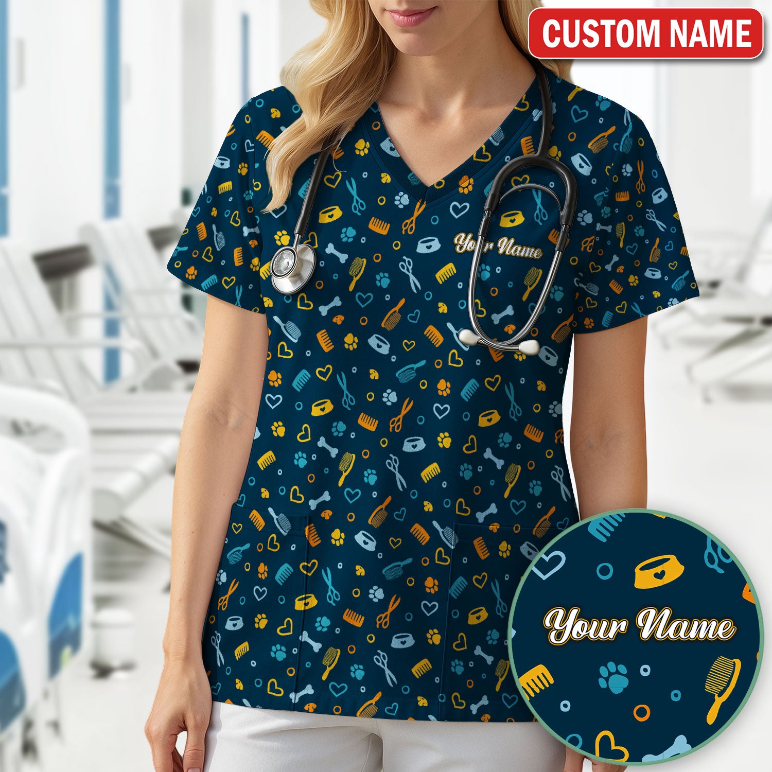 Custom Name Dog Cat Grooming Pattern Scrub Top, Breathable Fabrics Nursing Uniform