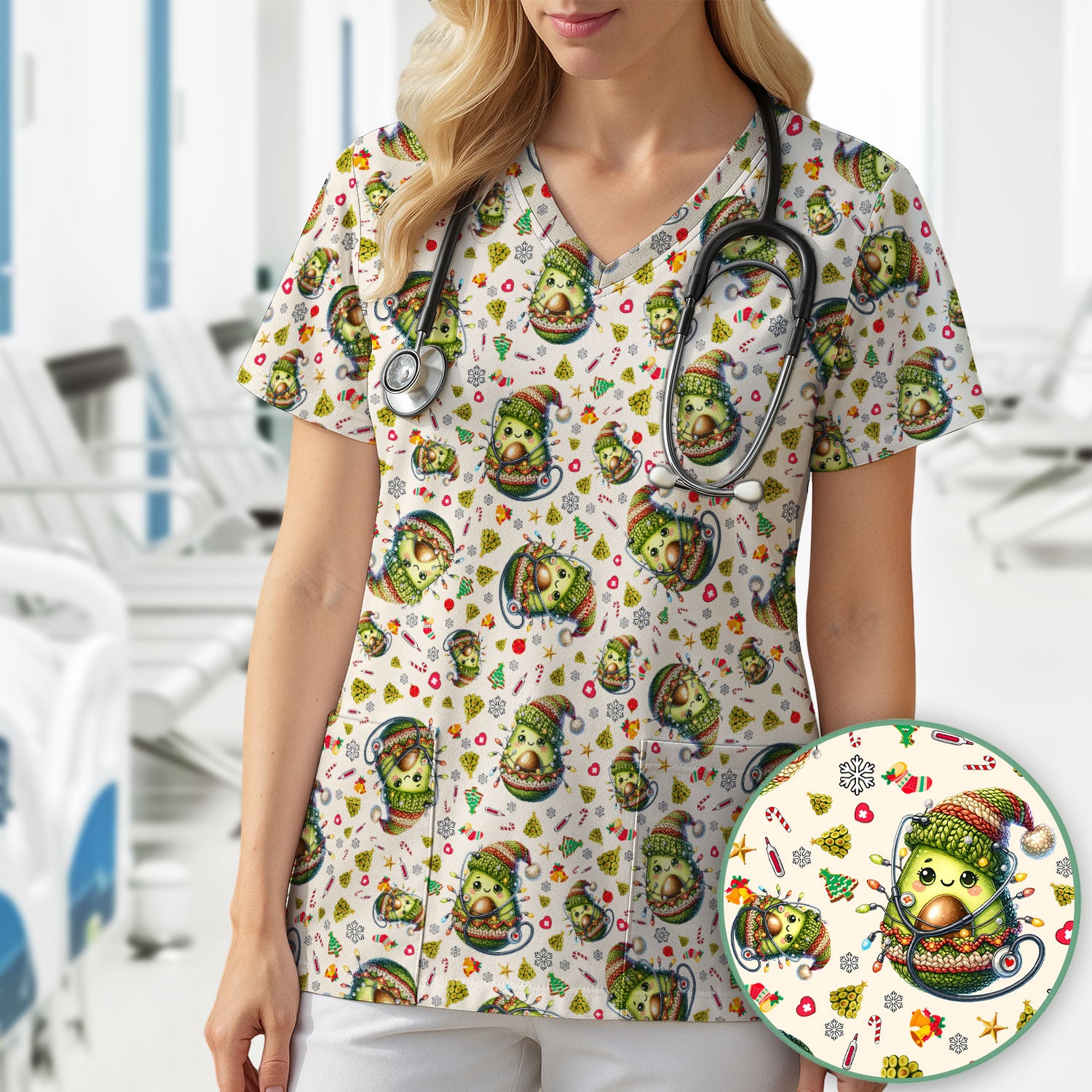 Avocado Scrub Top for Nurse - Funny Christmas Nursing Shirt - Cute Holiday Medical Uniform for Women RN LPN CNA
