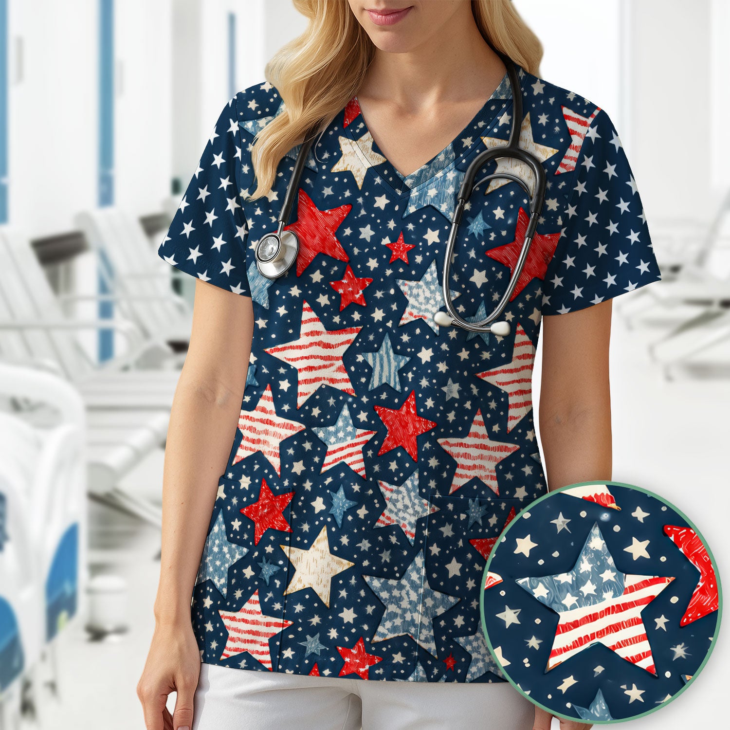 Patriotic Star Pattern Medical Scrub Top, Breathable Fabrics Nursing Uniform