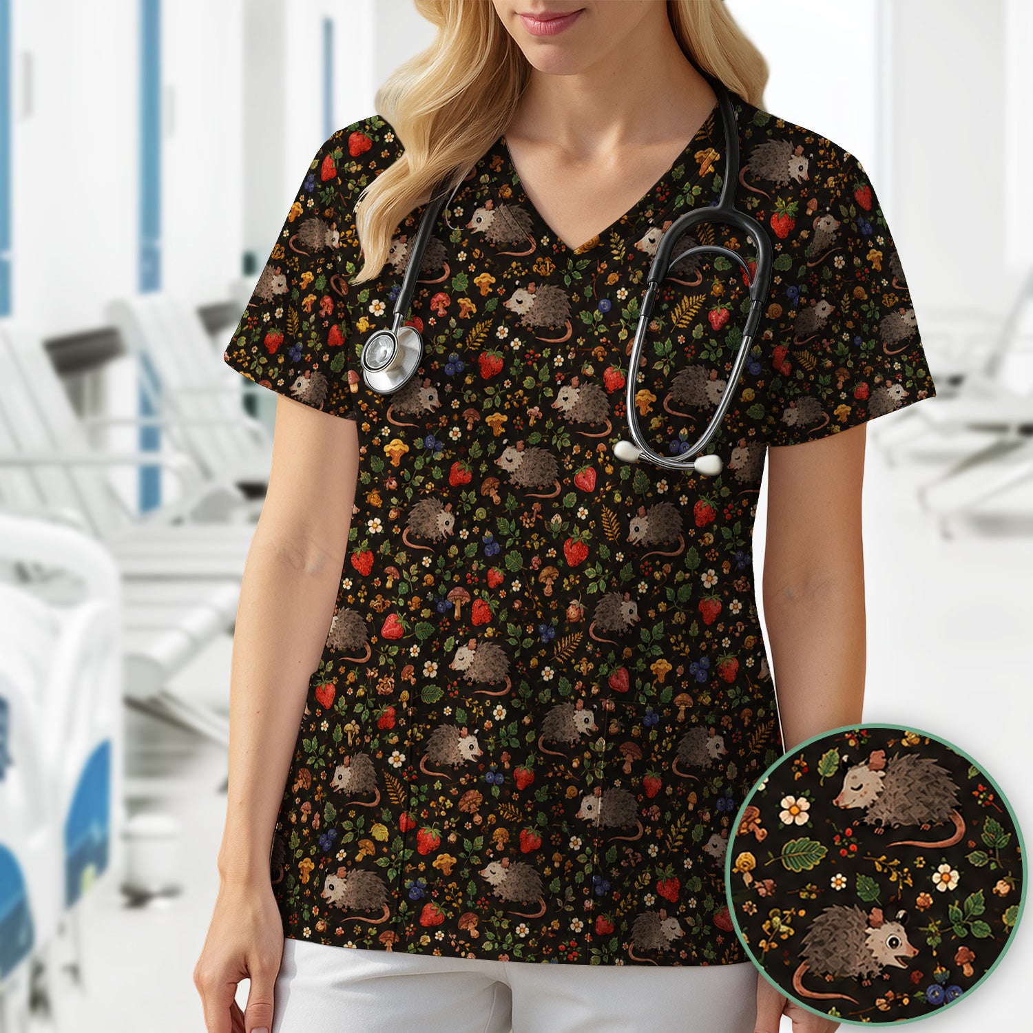 Woodland Opossum Berry Mushroom Pattern Scrub Top, Comfortable Scrubs for Nurses