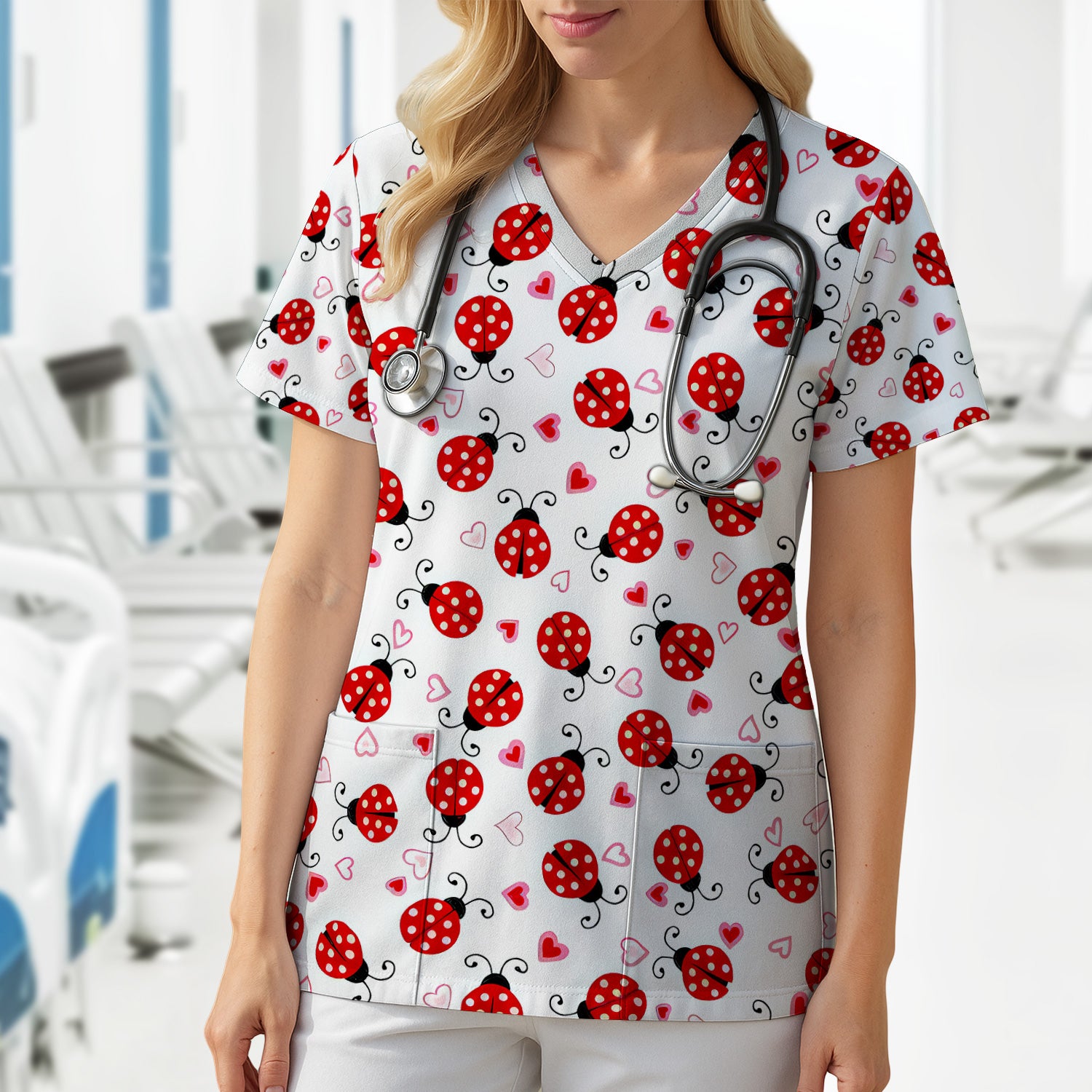 Cute Ladybug Heart Love Pattern Scrub Top, Breathable Fabrics Nursing Uniform