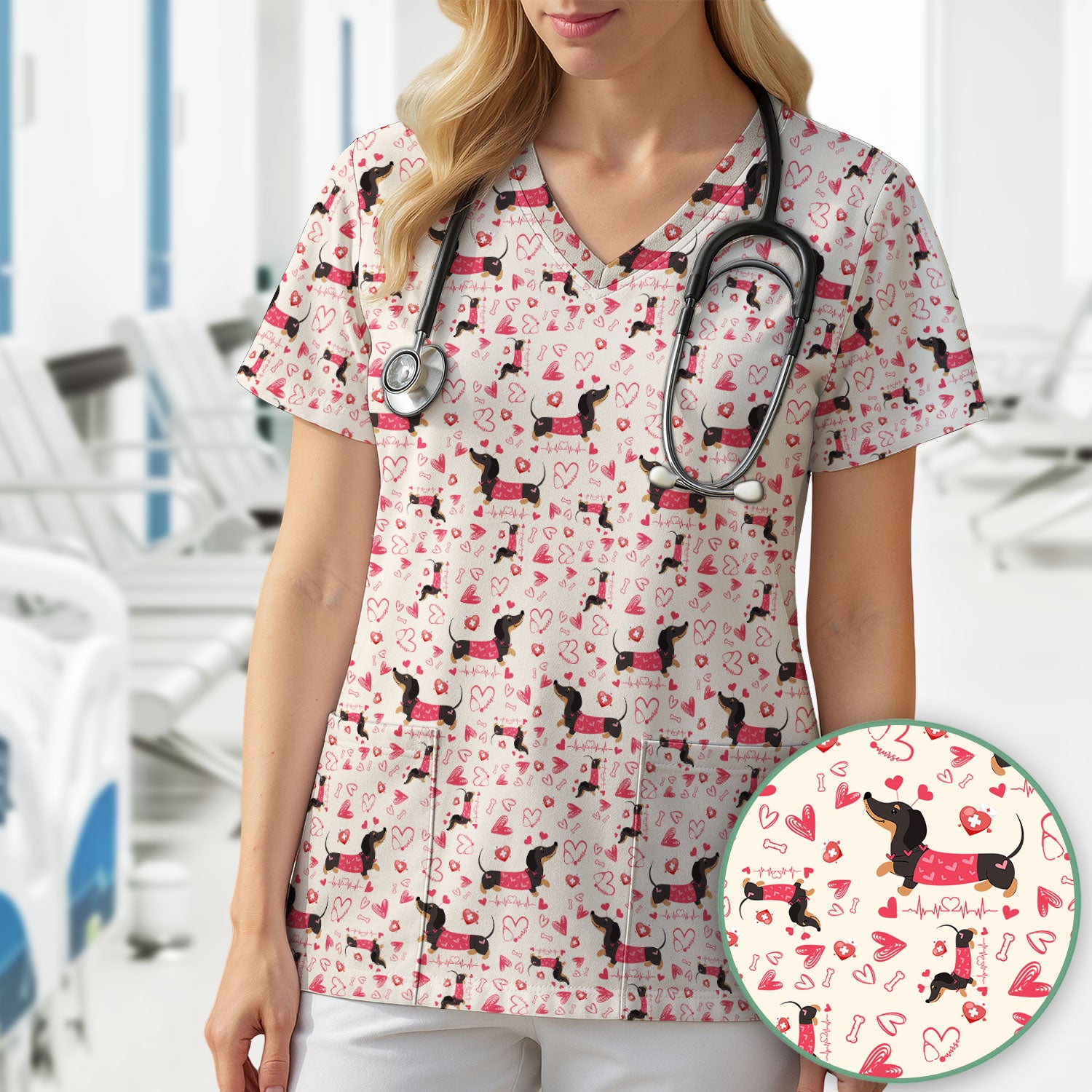 Dachshund Valentine Scrub Top, Cute Wiener Dog Heart Pattern Nurse Shirt, Breathable Fabrics Nursing Uniform