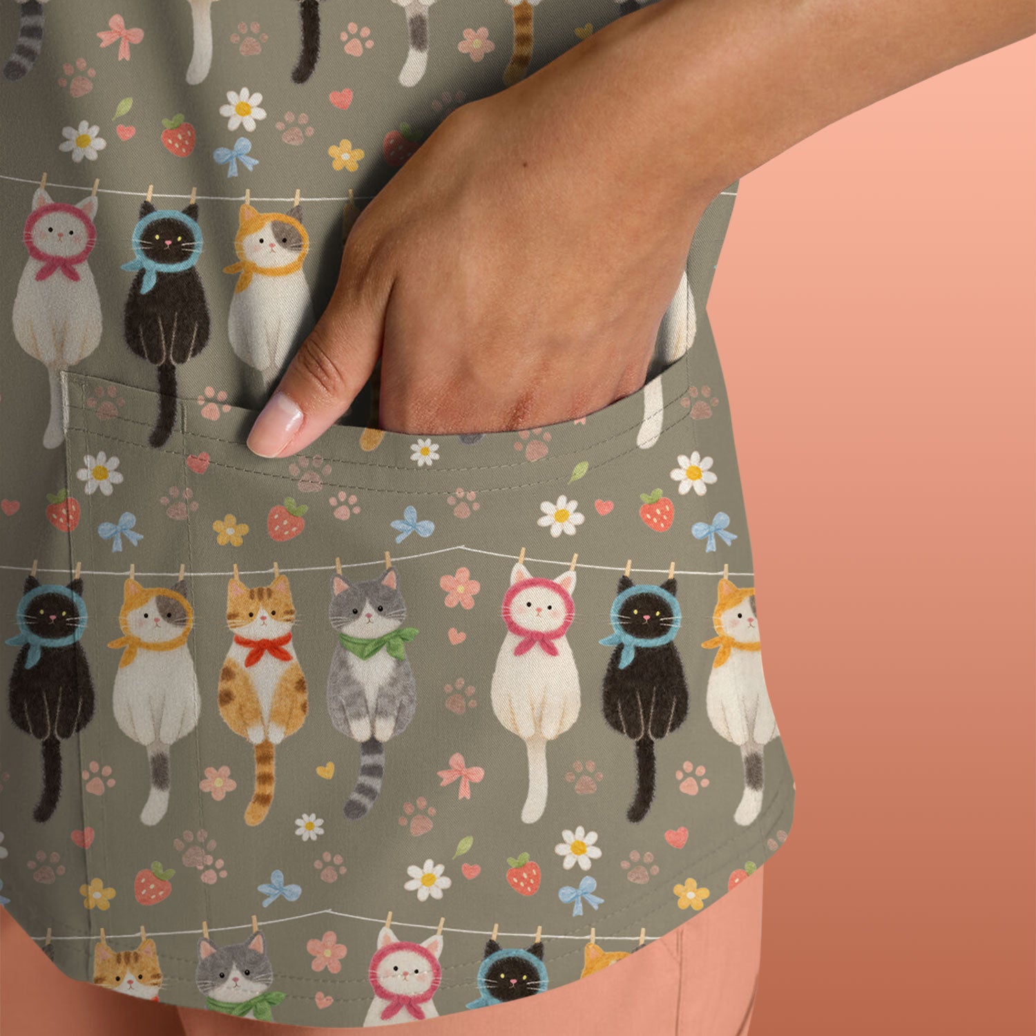 Cute Cat Clothesline Pattern Scrub Top, Comfortable Scrubs for Nurses