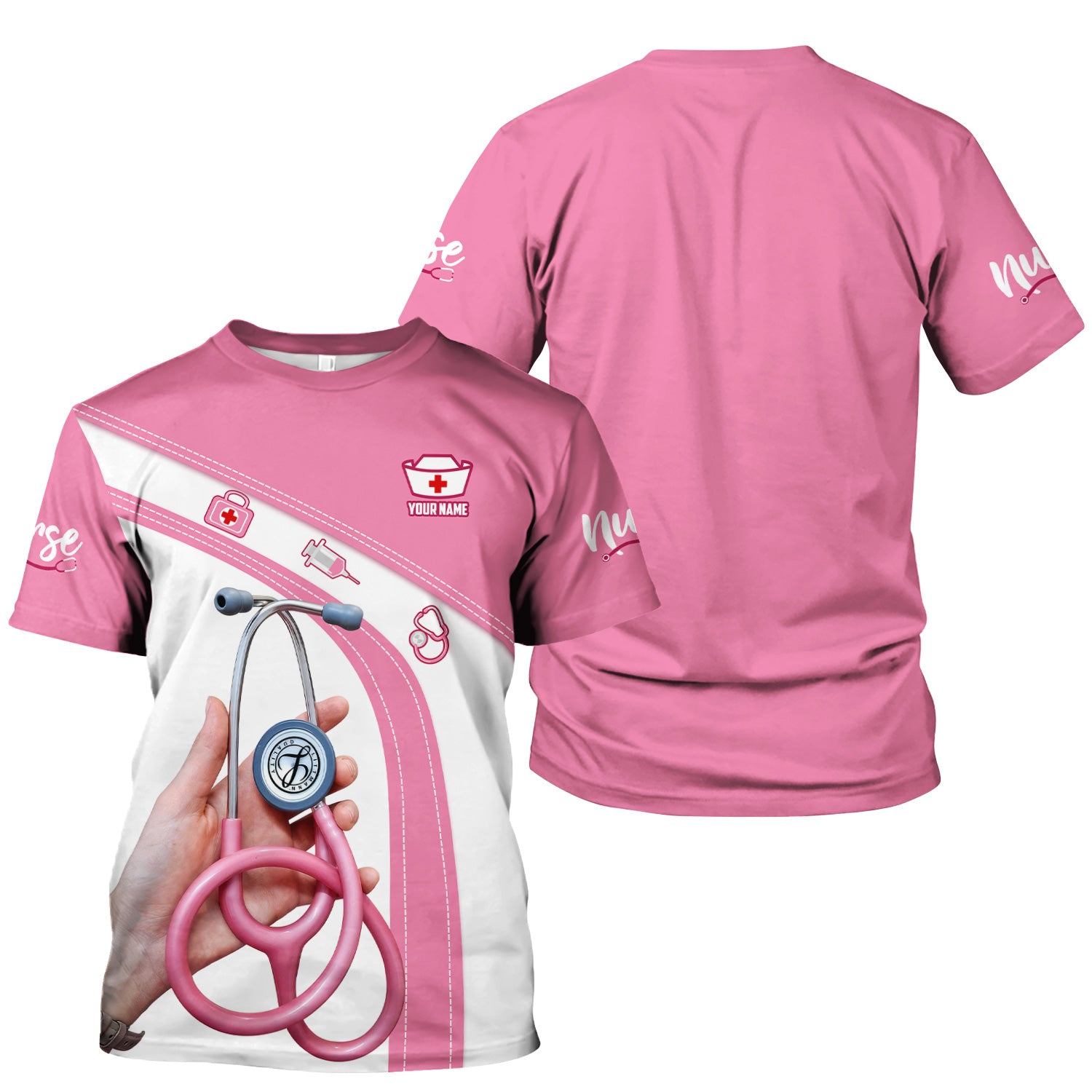 Custom Name Pink Nurse Shirt - Cute Stethoscope Gift for Female RN LPN CNA - Appreciation Week Medical Tee