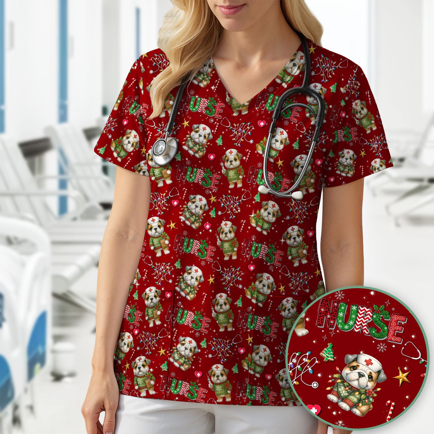 Bulldog Christmas Nurse Scrub Top - Funny Dog Scrub Shirt - Cute Holiday Medical Uniform for Women RN LPN CNA Gift