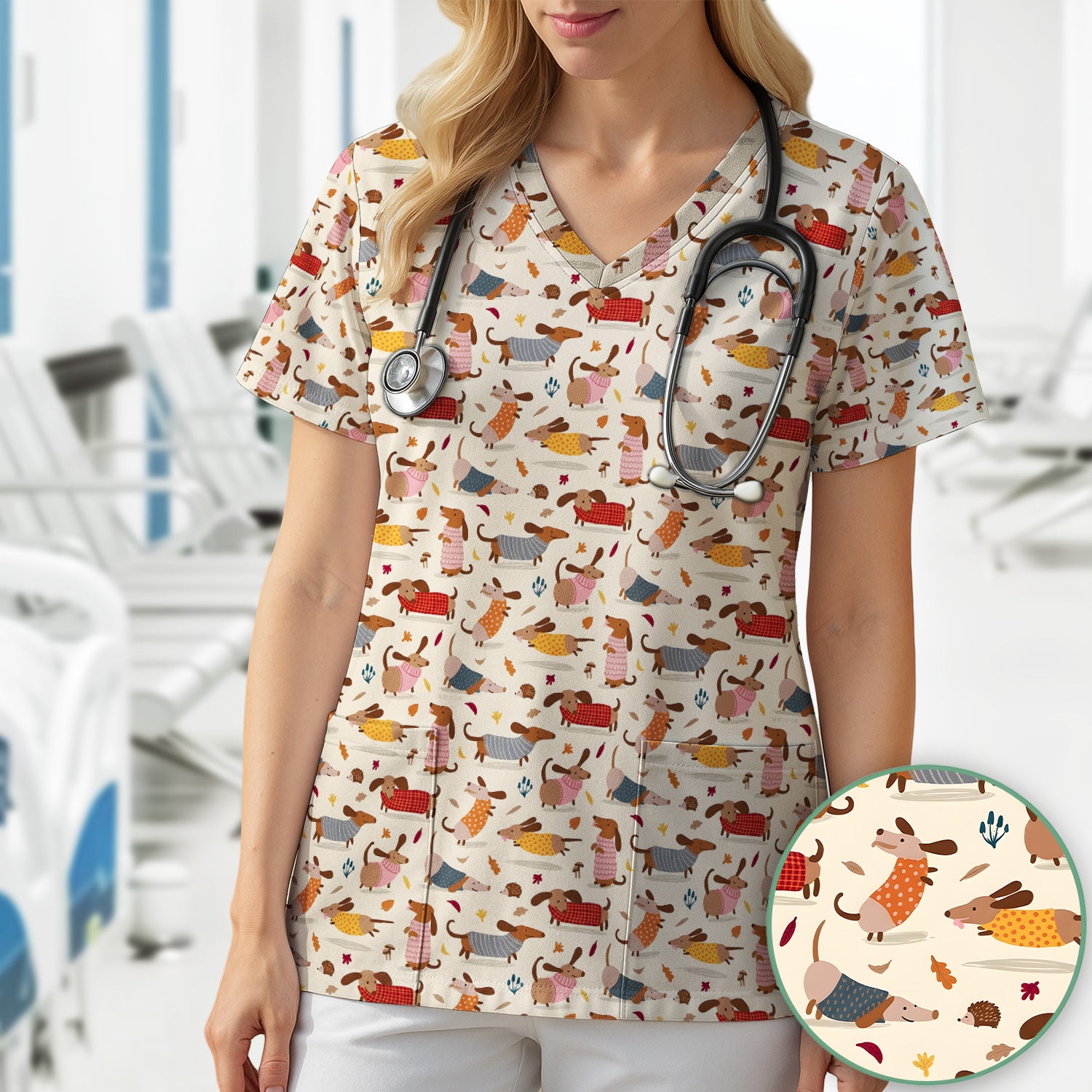 Cute Autumn Dachshund Print Scrub Top, Comfortable Scrubs for Nurses