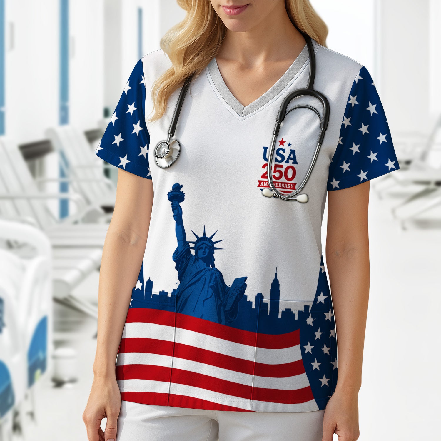 USA 250 Anniversary Patriotic Nurse Scrub Top for RN, CNA, Healthcare Workers Scrub Top, Comfortable Scrubs for Nurses