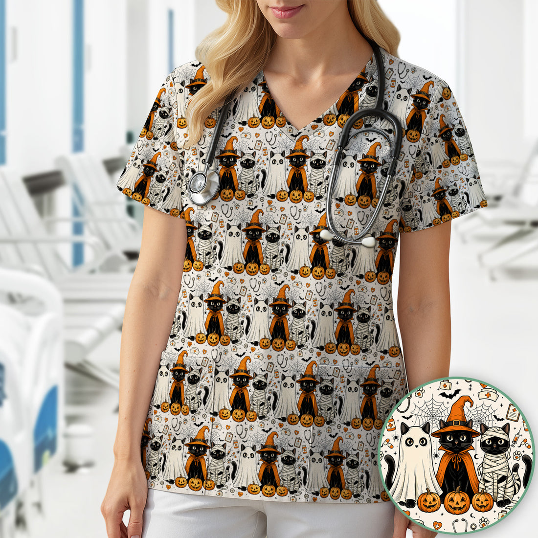 Spooky Halloween Costume Cats Scrub Top, Comfortable Scrubs for Nurses