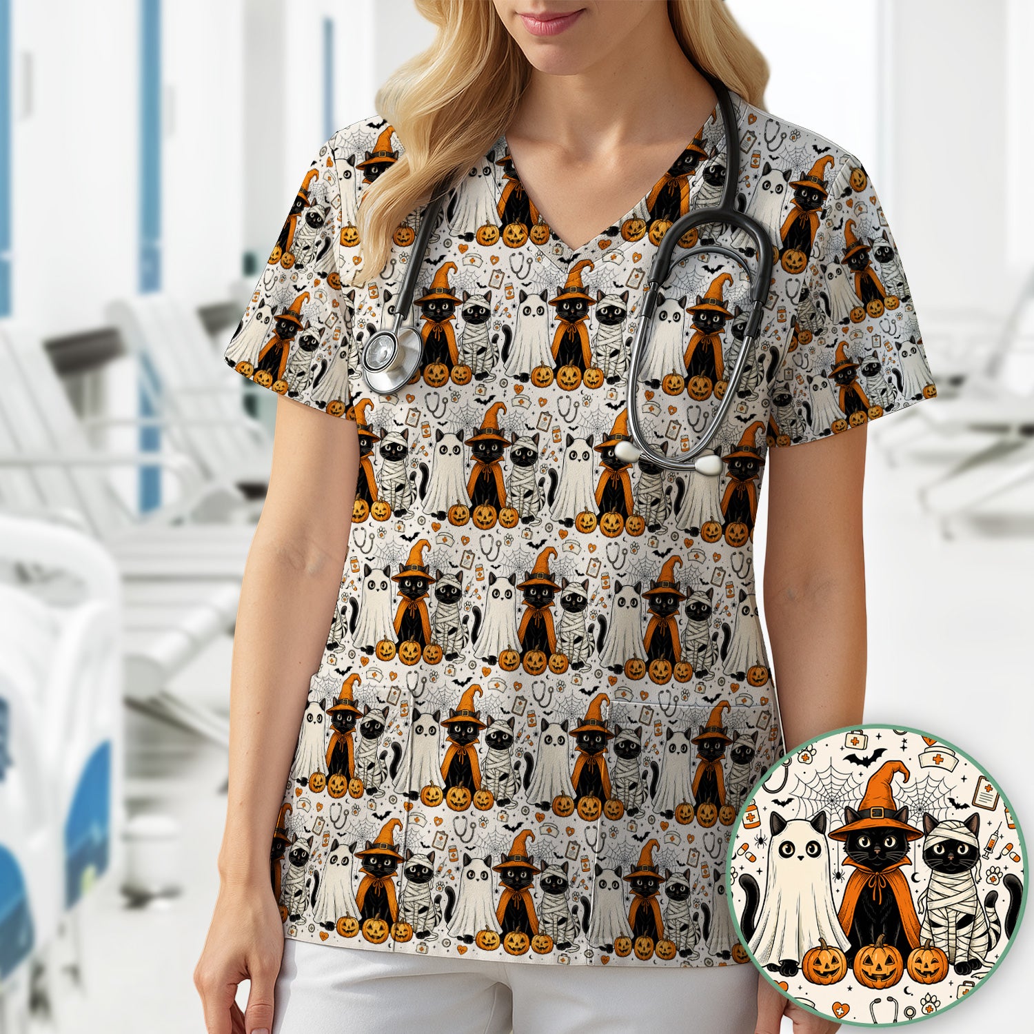 Spooky Halloween Costume Cats Scrub Top, Comfortable Scrubs for Nurses