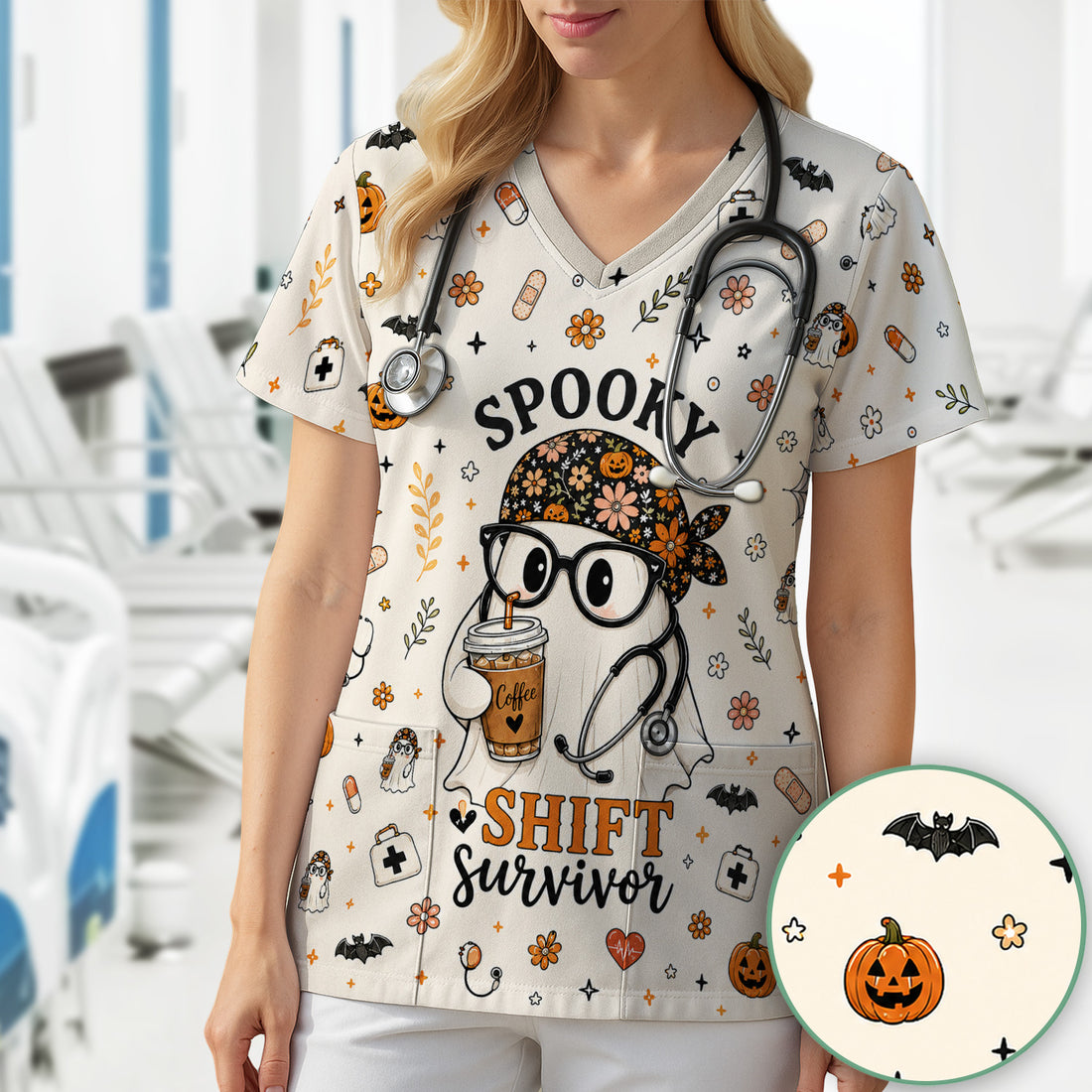 Halloween Shift Survivor Ghost Scrub Top, Comfortable Scrubs for Nurses