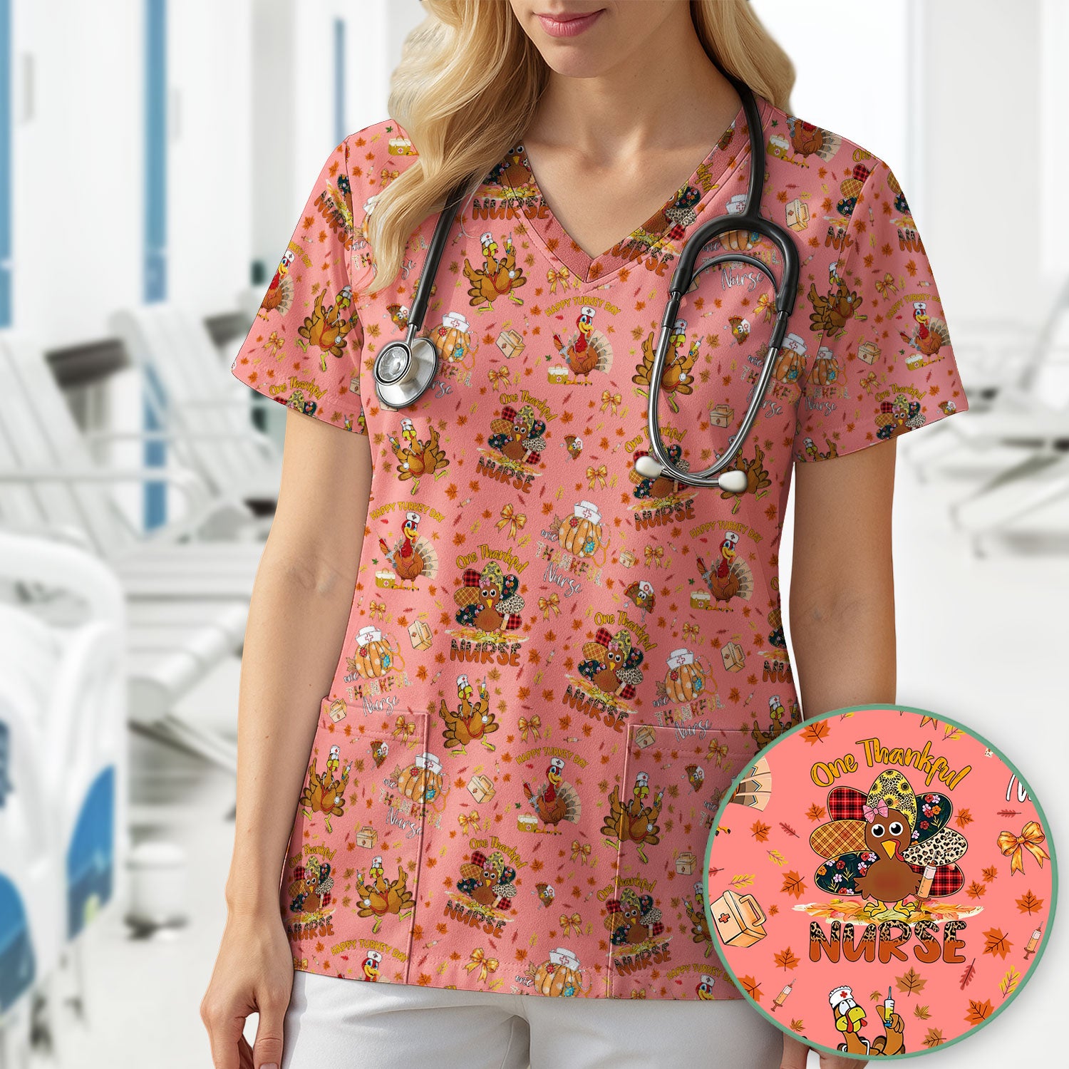 Thanksgiving Nurse Shirt for Women - Turkey Pumpkin Scrub Top for Nurses - Fall Med Uniform for RN CNA LPN