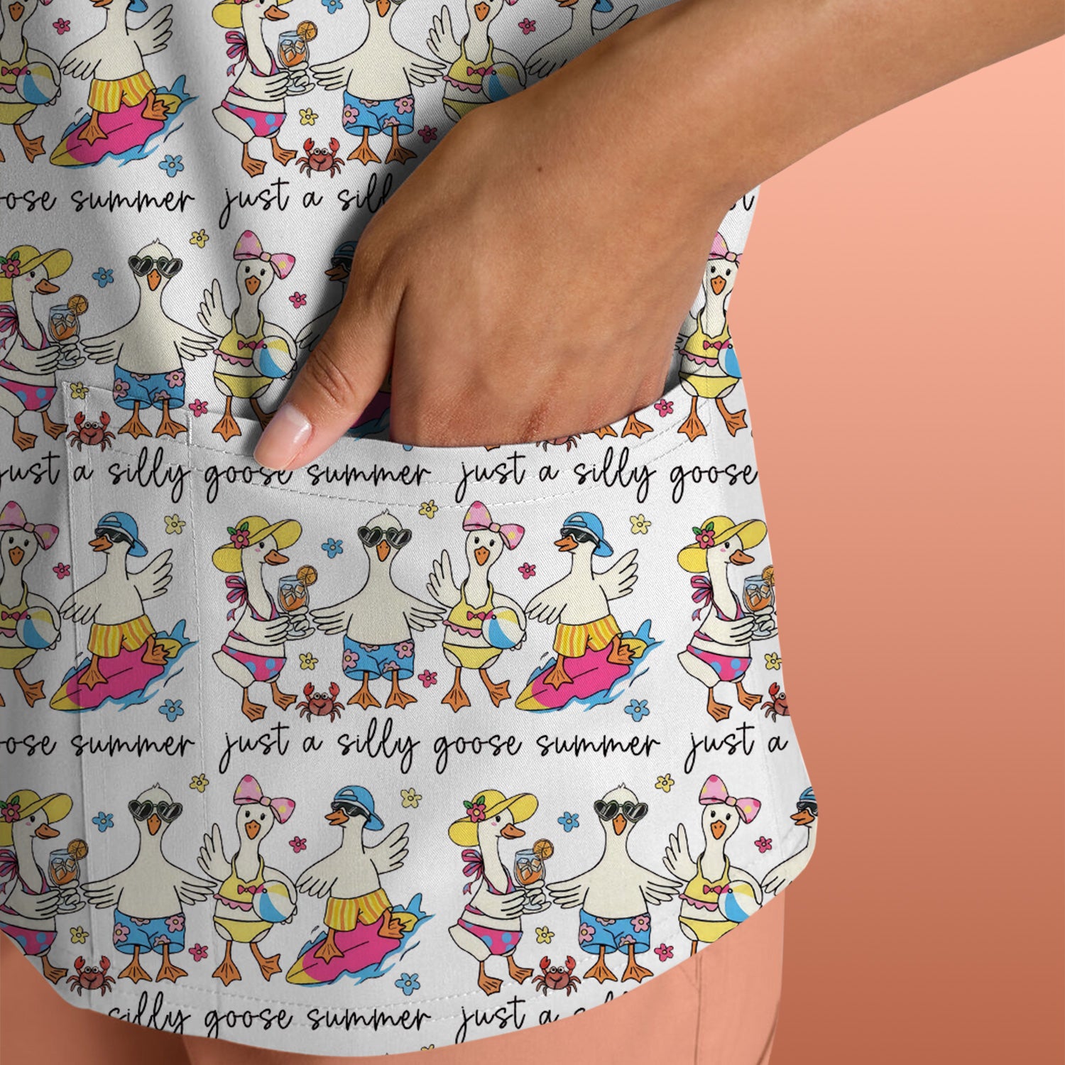 Funny Goose Summer Beach Pattern Scrub Top, Comfortable Scrubs for Nurses