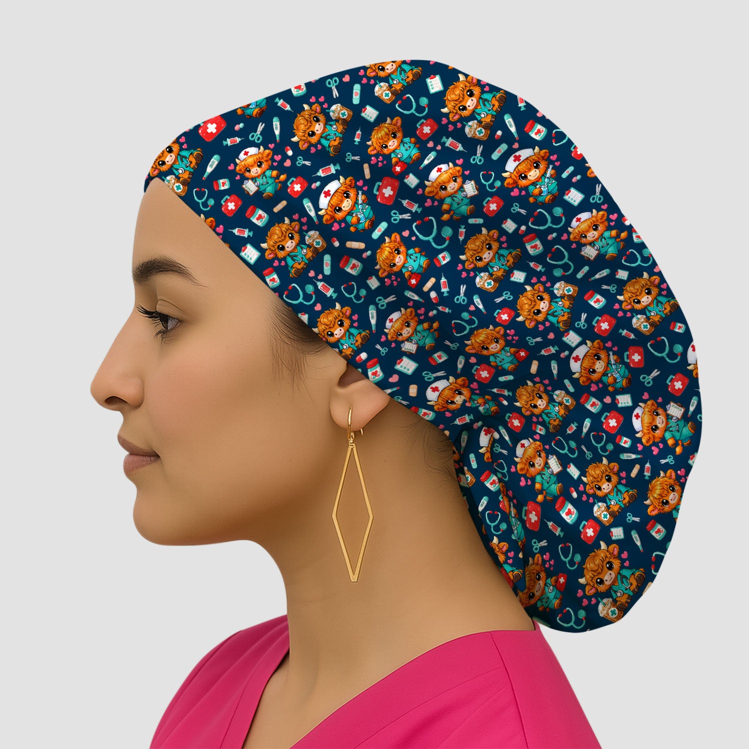 Cute Highland Cow Nurse Scrub Cap, Kawaii Medical Pattern Hat, Breathable Fabrics Nursing Uniform
