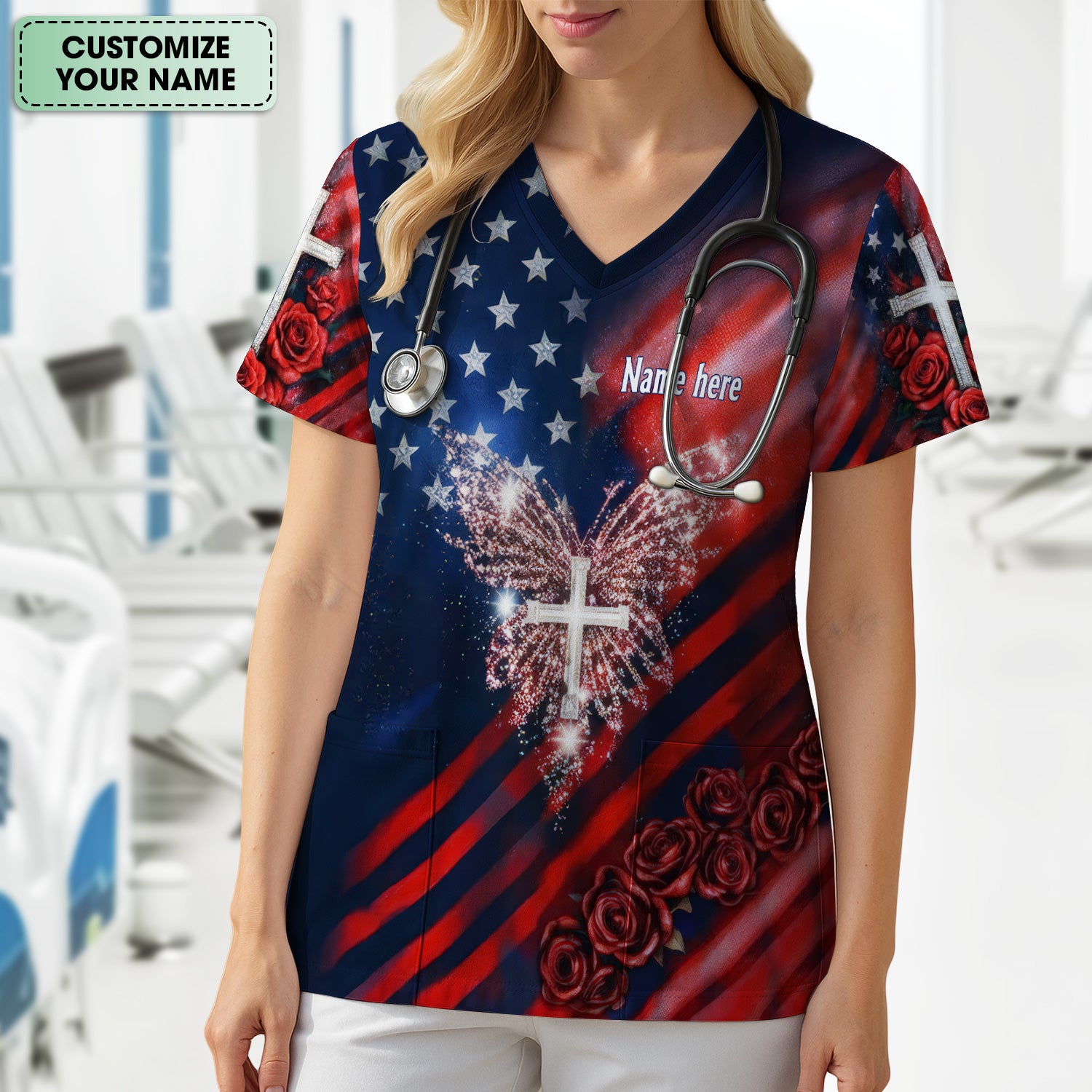 Custom Name Patriotic Cross Butterfly Rose Print Scrub Top, Comfortable Scrubs for Nurses