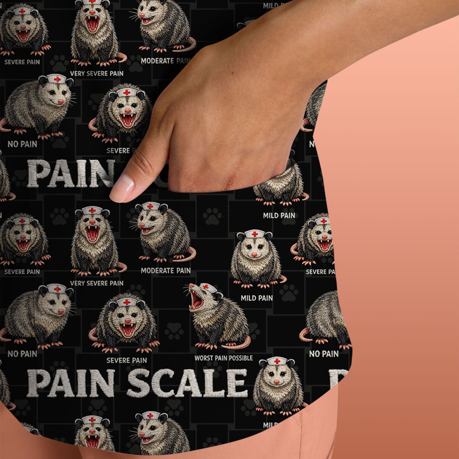 Edgy Possum Pain Scale Nurse Pattern Scrub Top, Comfortable Scrubs For Nurses