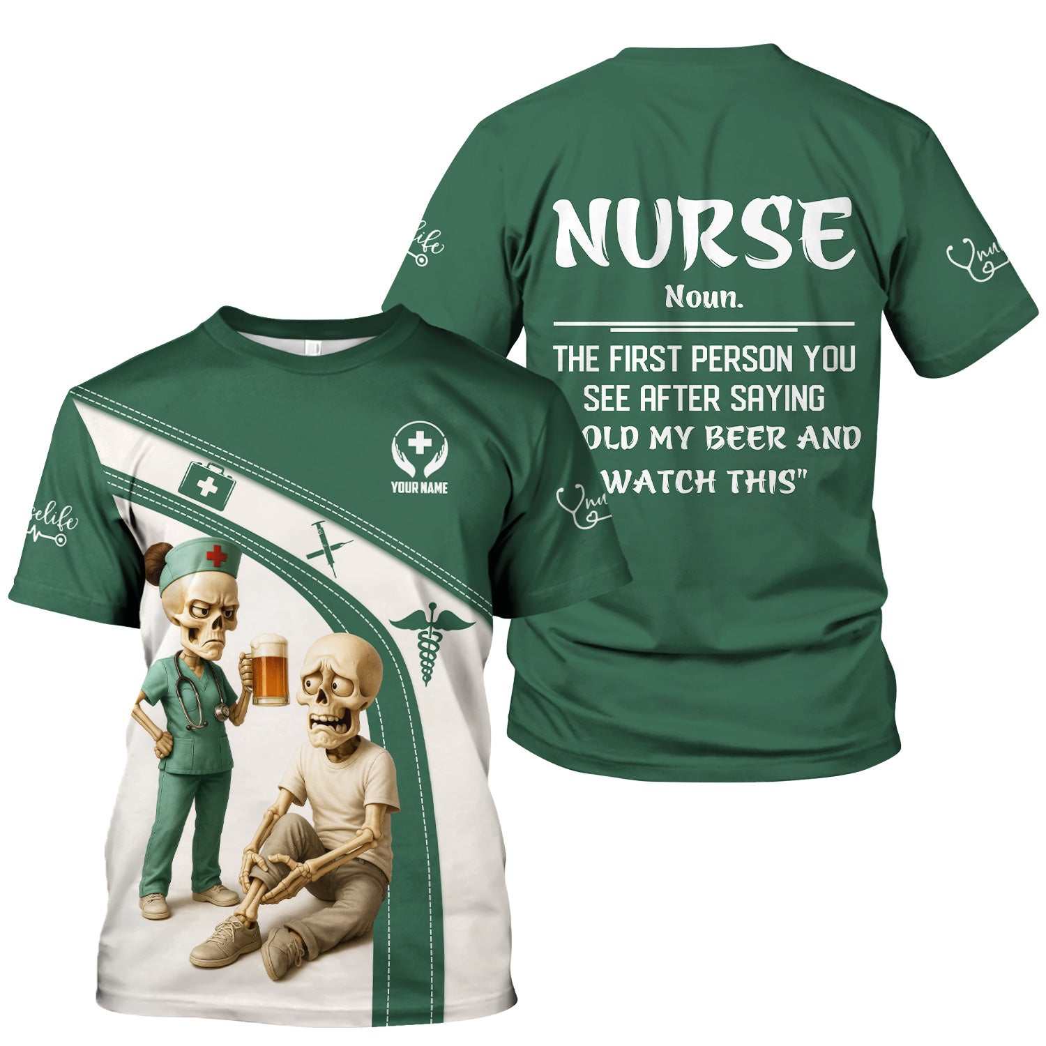 Funny Skeleton Nurse Shirt for Women - Custom Name Beer Joke Medical Uniform - Hilarious Gift for RN CNA LPN