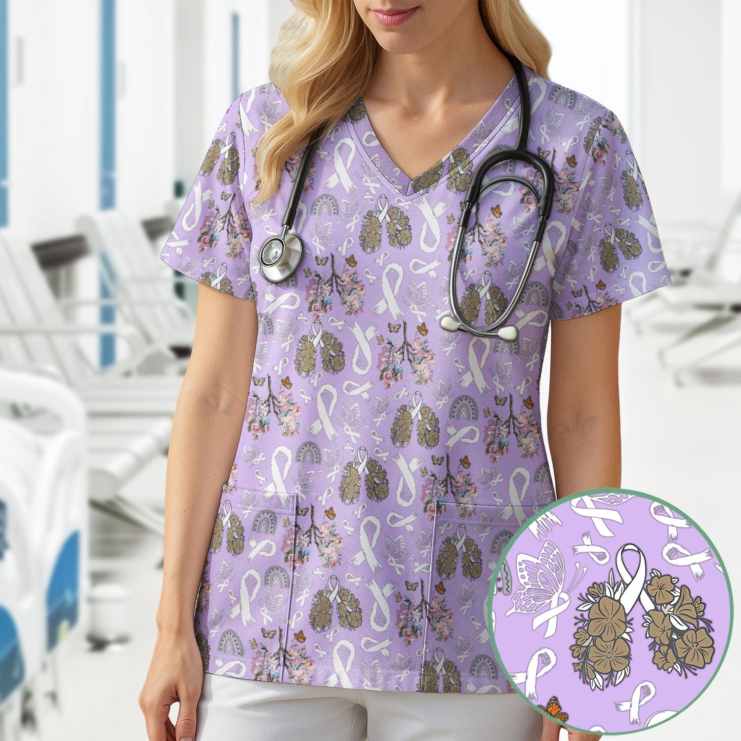 Lung Cancer Awareness Scrub Top for Women - White Ribbon Butterfly Floral Medical Uniform - Comfortable Scrubs for Nurses