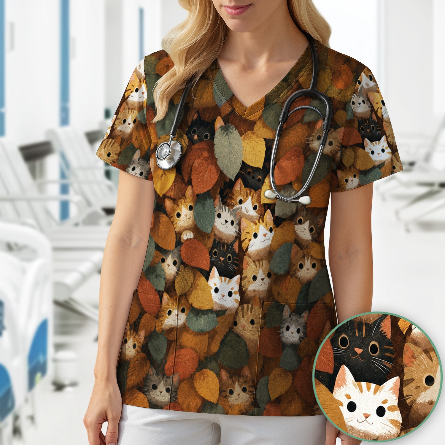 Cute Autumn Cat Leaf Pile Pattern Scrub Top, Comfortable Scrubs for Nurses