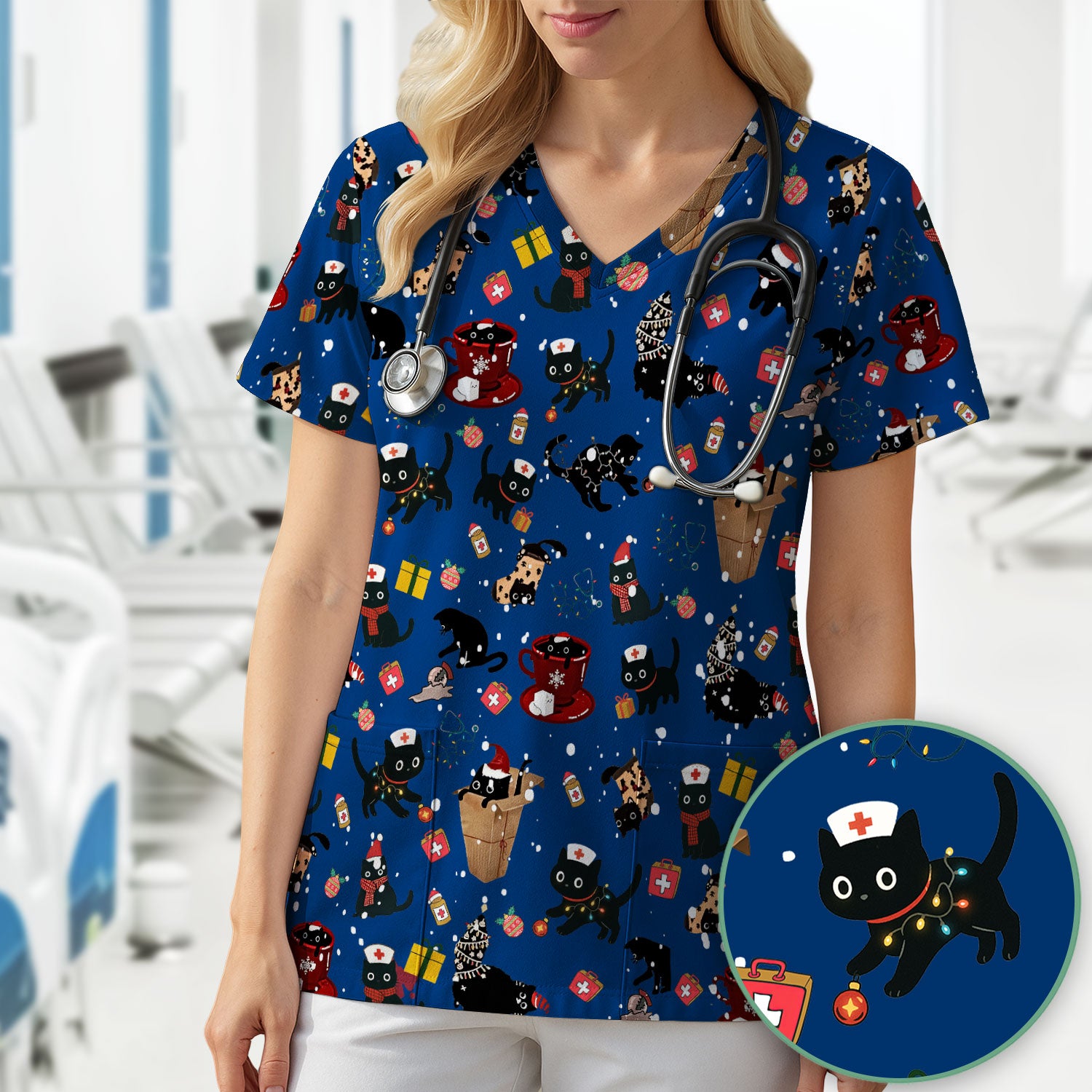 Funny Cat Scrub for Women - Christmas Black Cats Comfortable Scrubs for Nurses - Breathable Fabrics Nursing Uniform