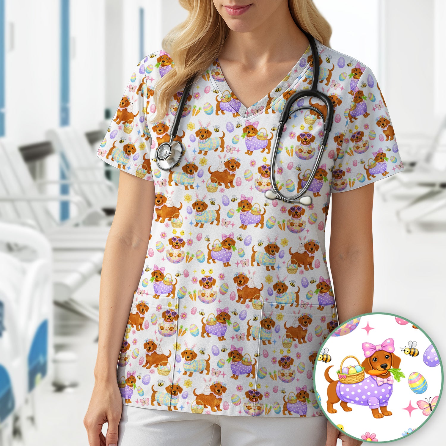 Cute Easter Dachshund Dog Pattern Scrub Top, Breathable Healthcare Uniform Top