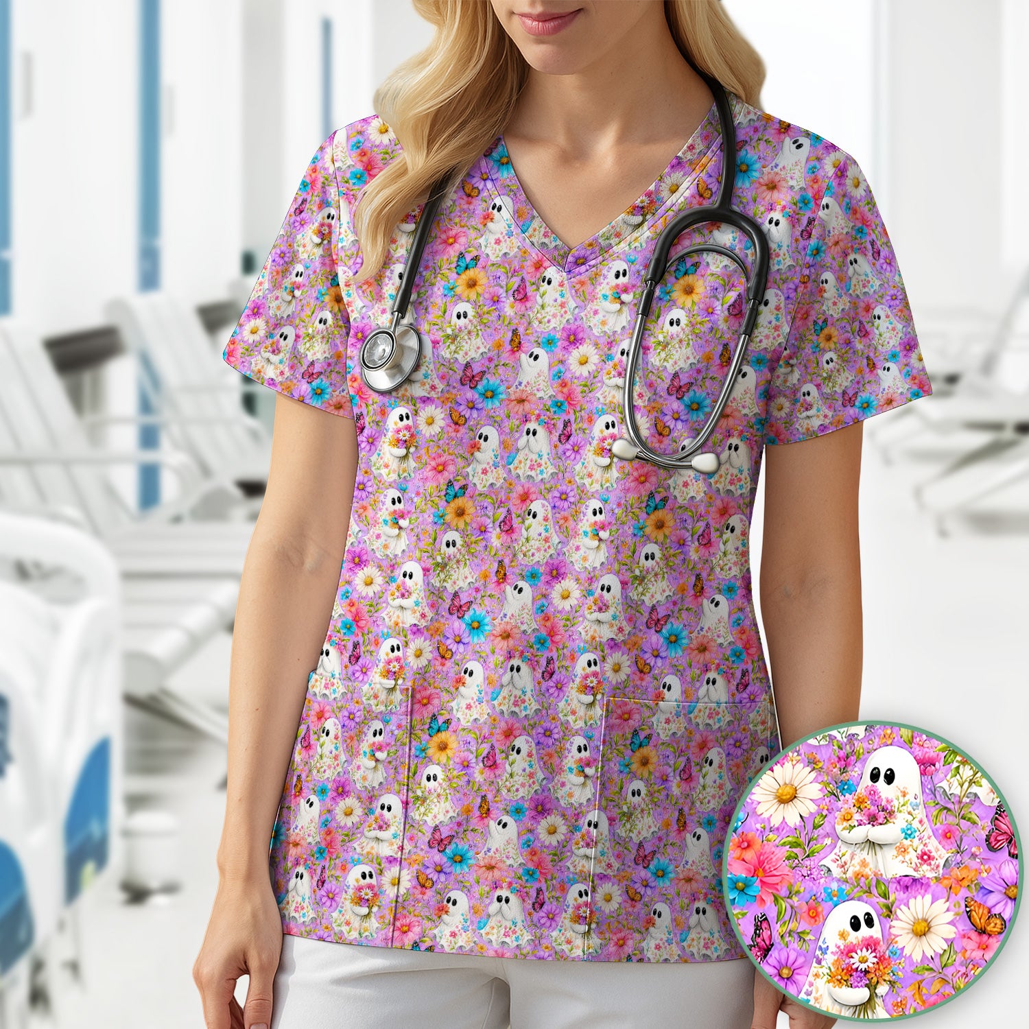 Cute Halloween Floral Ghosts And Butterflies Scrub Top, Comfortable Scrubs for Nurses
