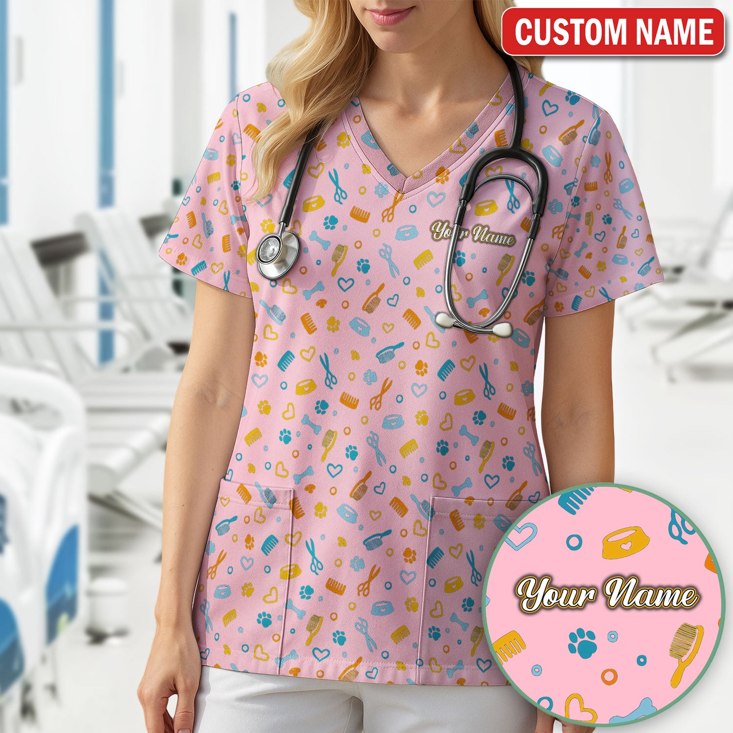 Custom Name Dog Cat Grooming Pattern Scrub Top, Breathable Fabrics Nursing Uniform