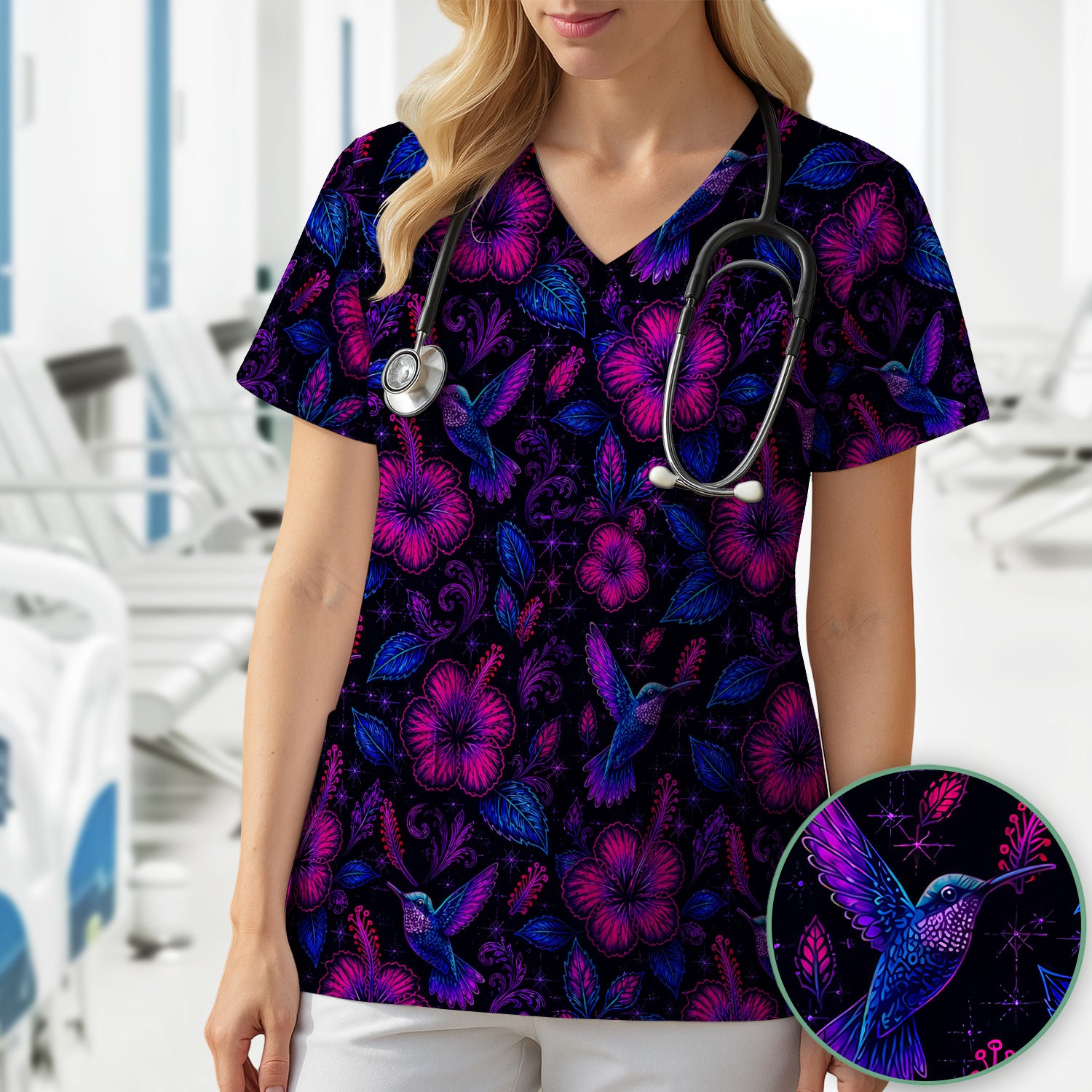 Tropical Hummingbird Hibiscus Floral Pattern Scrub Top, Comfortable Scrubs for Nurses