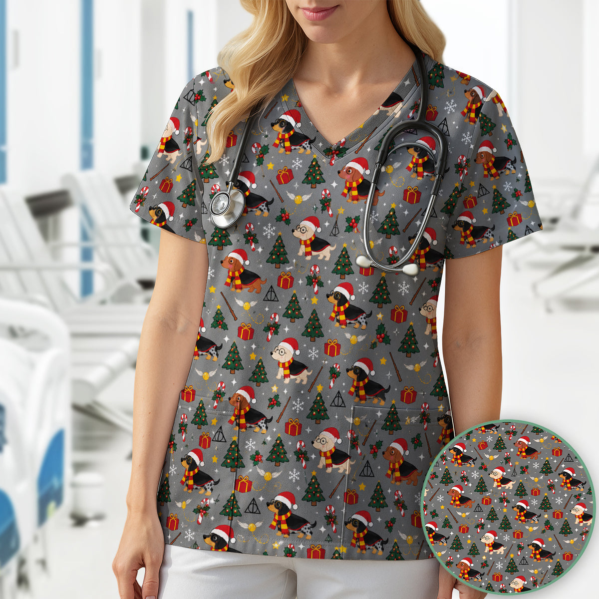 Christmas Wizard Dachshunds Pattern Scrub Top, Comfortable Scrubs for Nurses