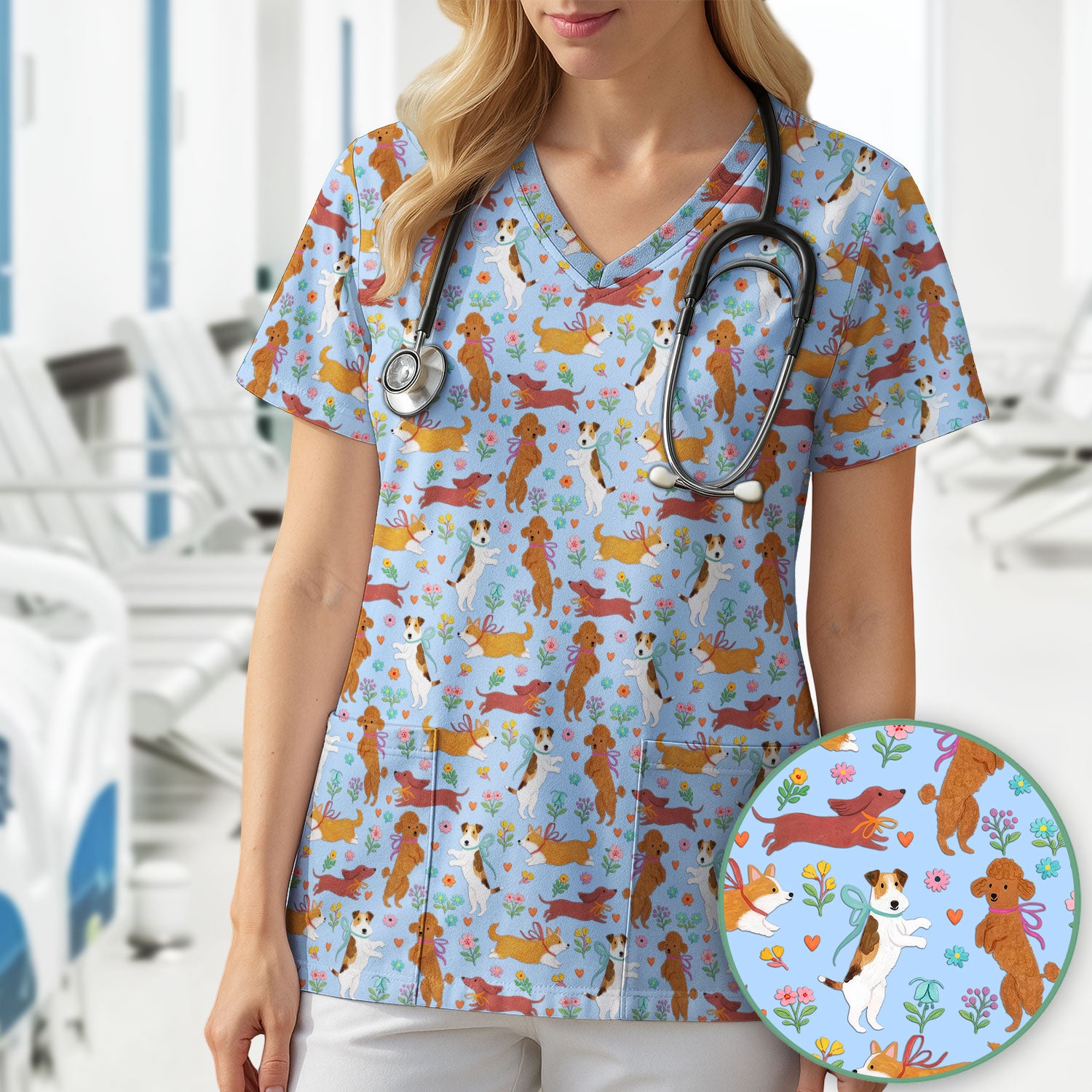 Cute Cartoon Dog Print Nurse Scrub Top, Comfortable Scrubs for Nurses
