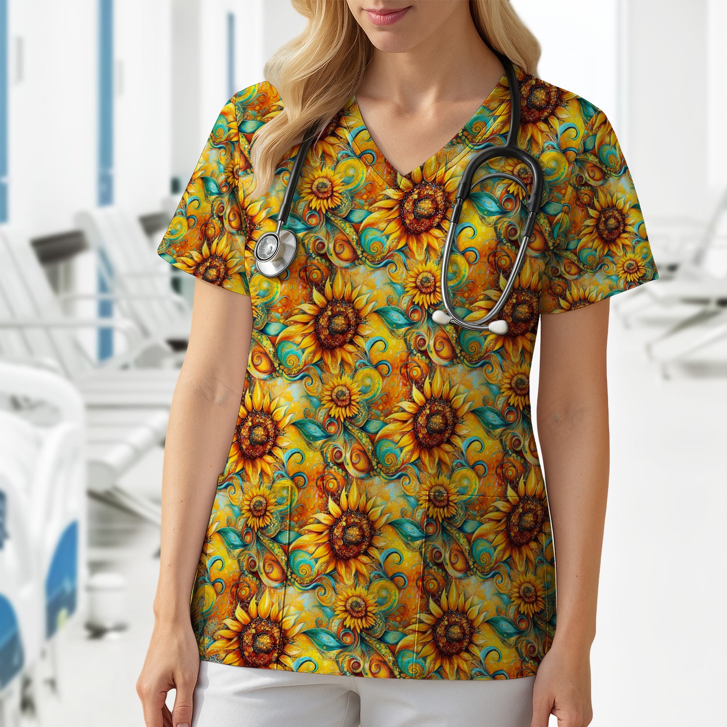 Sunflower Swirl Floral Pattern Scrub Top, Comfortable Scrubs for Nurses