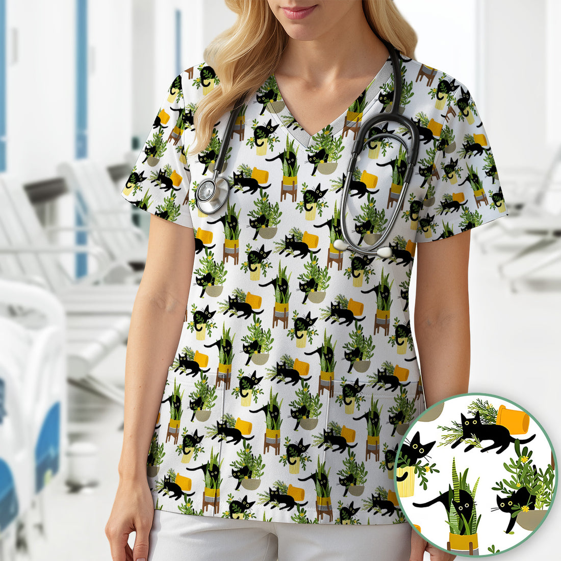 Black Cat Plant Pots Pattern Scrub Top, Comfortable Scrubs for Nurses