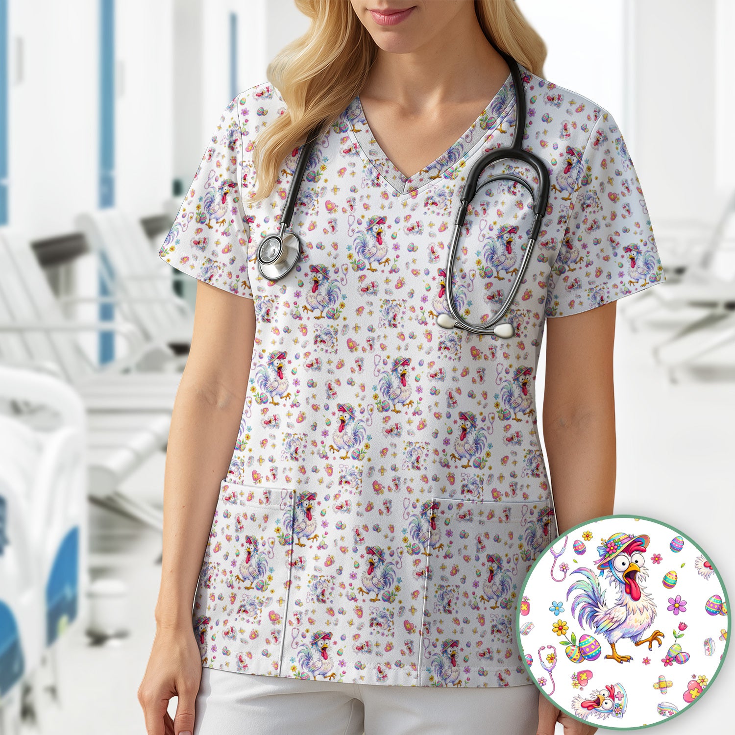 Funny Easter Nurse Chicken Pattern Scrub Top, Comfortable Scrubs for Nurses