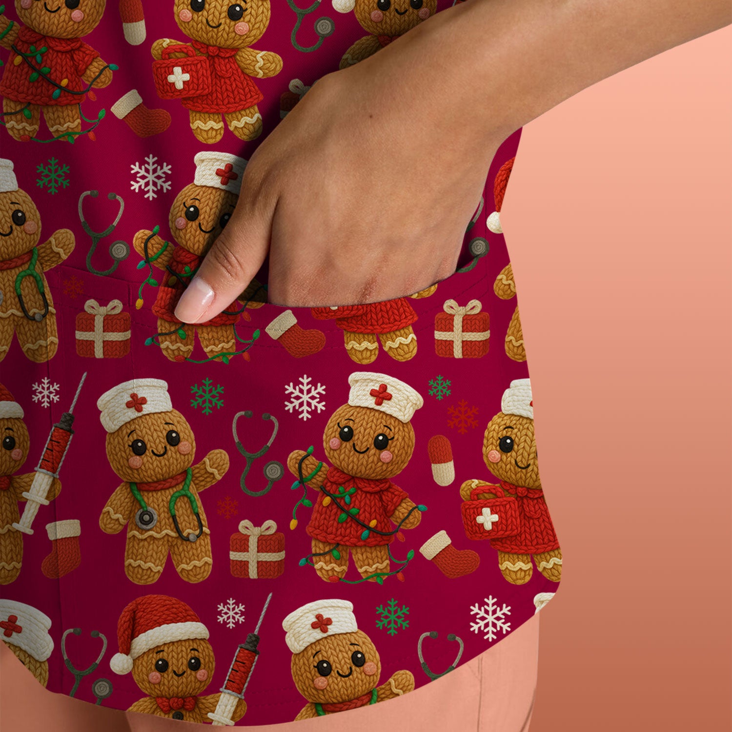 Christmas Scrub Tops for Women - Cute Gingerbread Nurse Pattern Medical Scrub Shirt - Festive Holiday Christmas Scrubs with Adorable Design