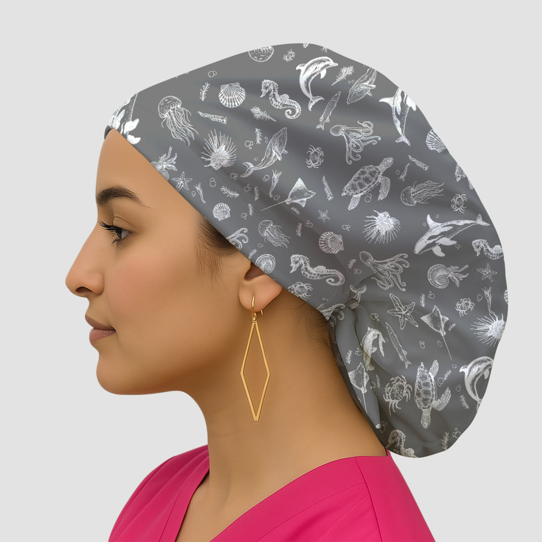Marine Sea Life Pattern Cap, Bouffant Scrub Caps for Women