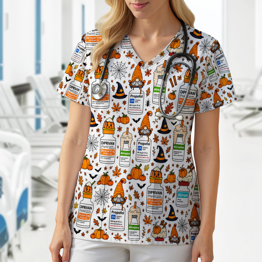 Funny Witch Hat & Pumpkin Print Scrub Top, Comfortable Scrubs for Nurses