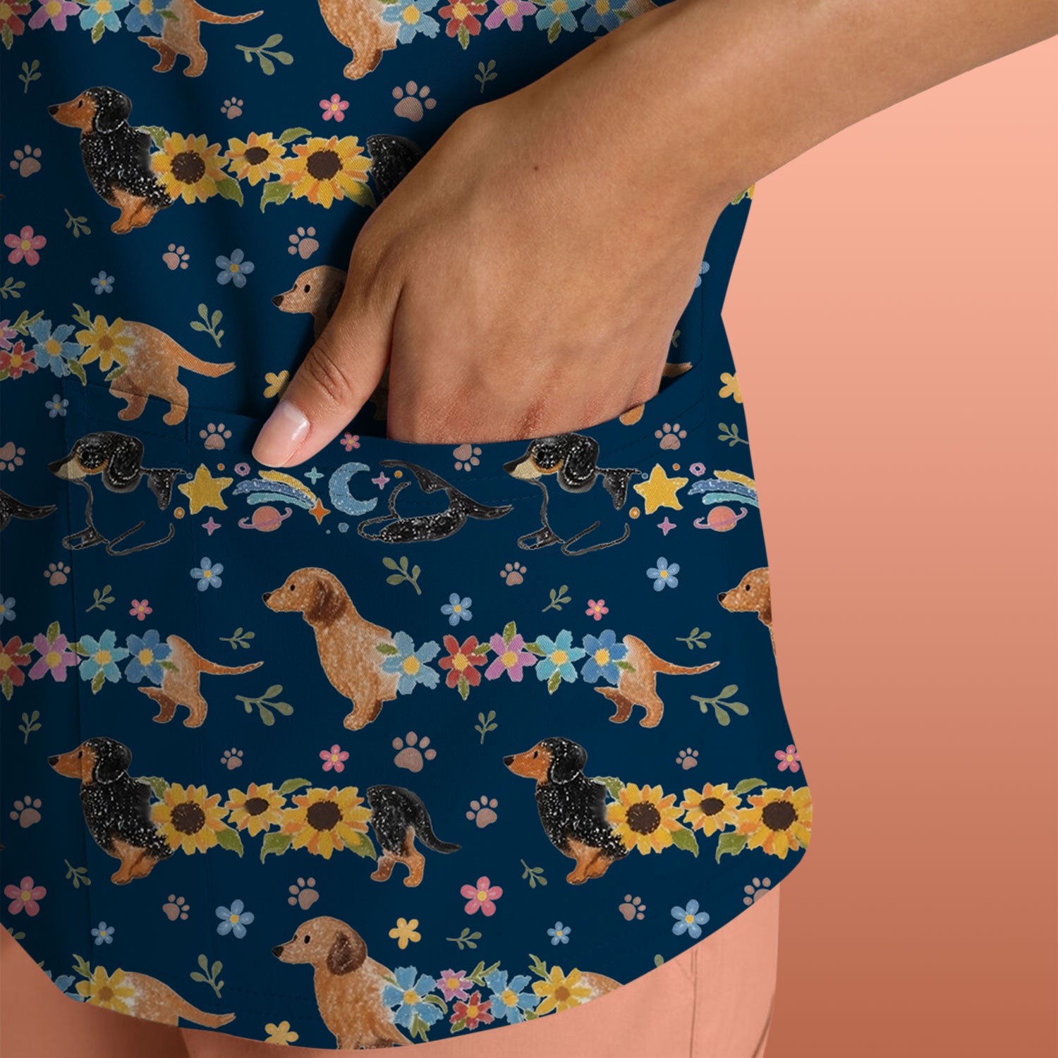 Floral Wiener Dog Pattern Scrub Top, Medical Scrubs for Nurses