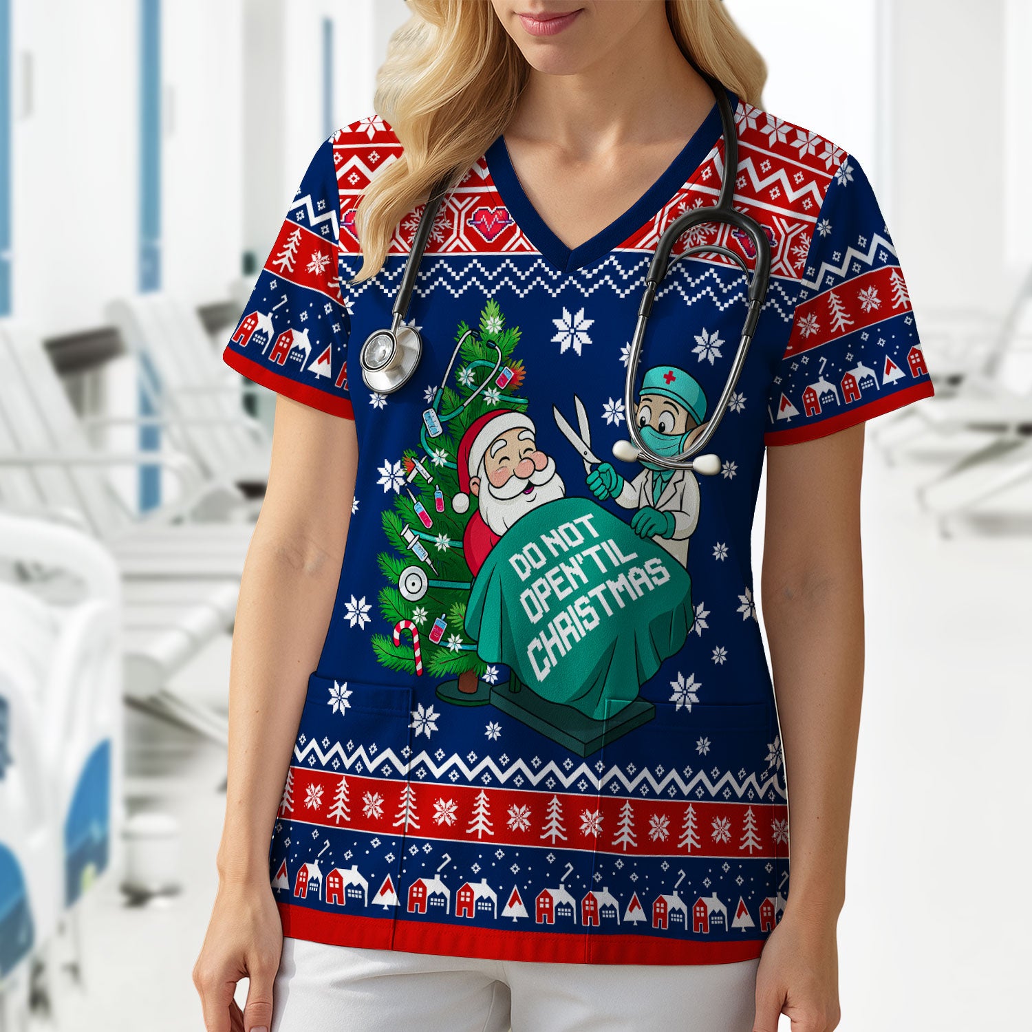 Funny Scrub Top for Women - Do Not Open Til Christmas Santa and Elf - Holiday Medical Uniform Gift for RN LPN CNA